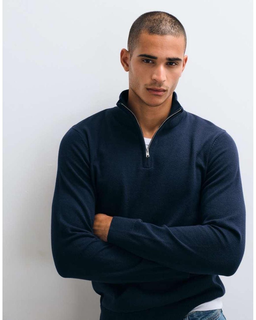 Threadbare Blue Knitted Quarter-zip Jumper for men