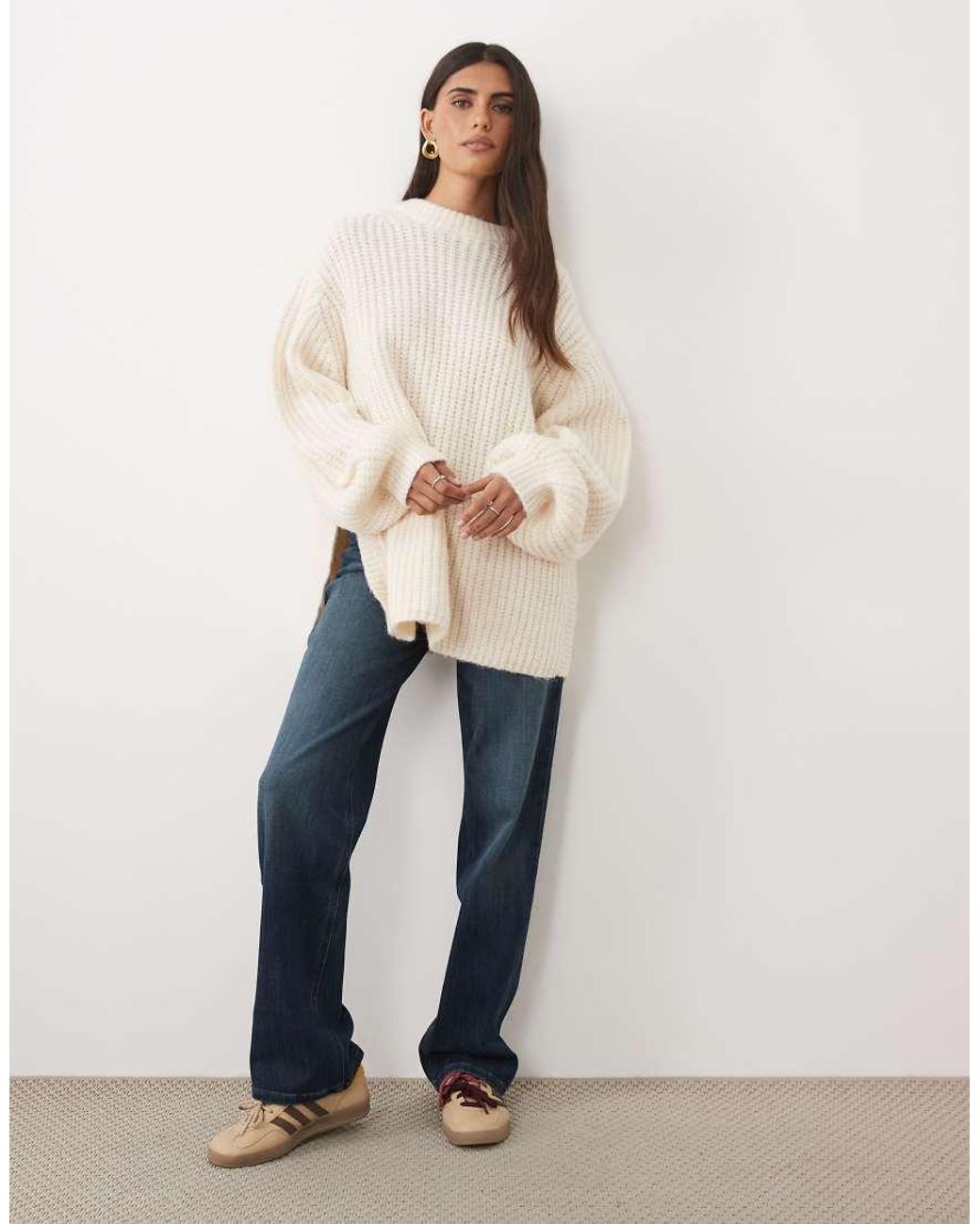 ASOS Natural Rib Longline Sweater With Side Split With Wool