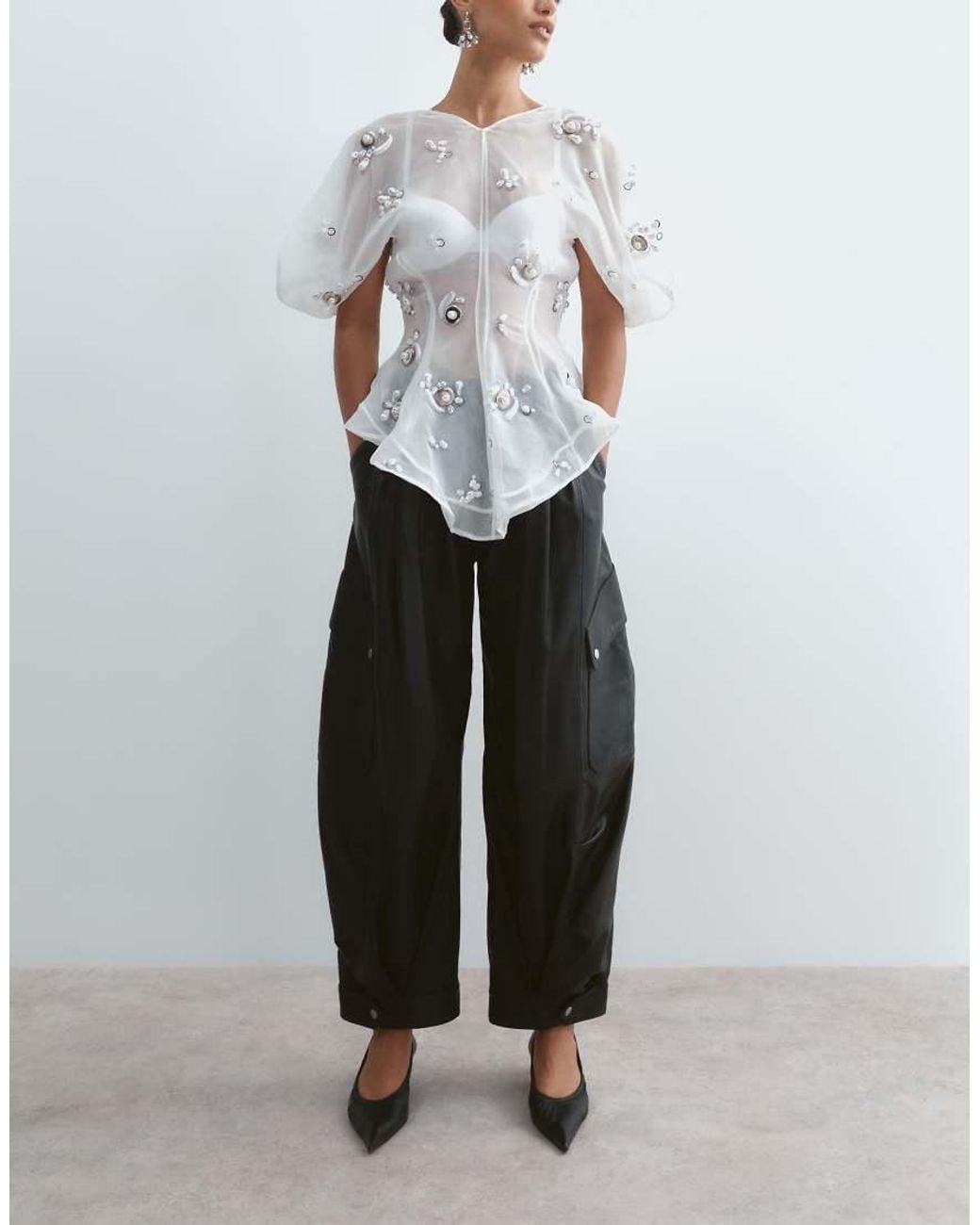 ARRANGE White Leni Premium Leather Barrel Leg Cargo Pants