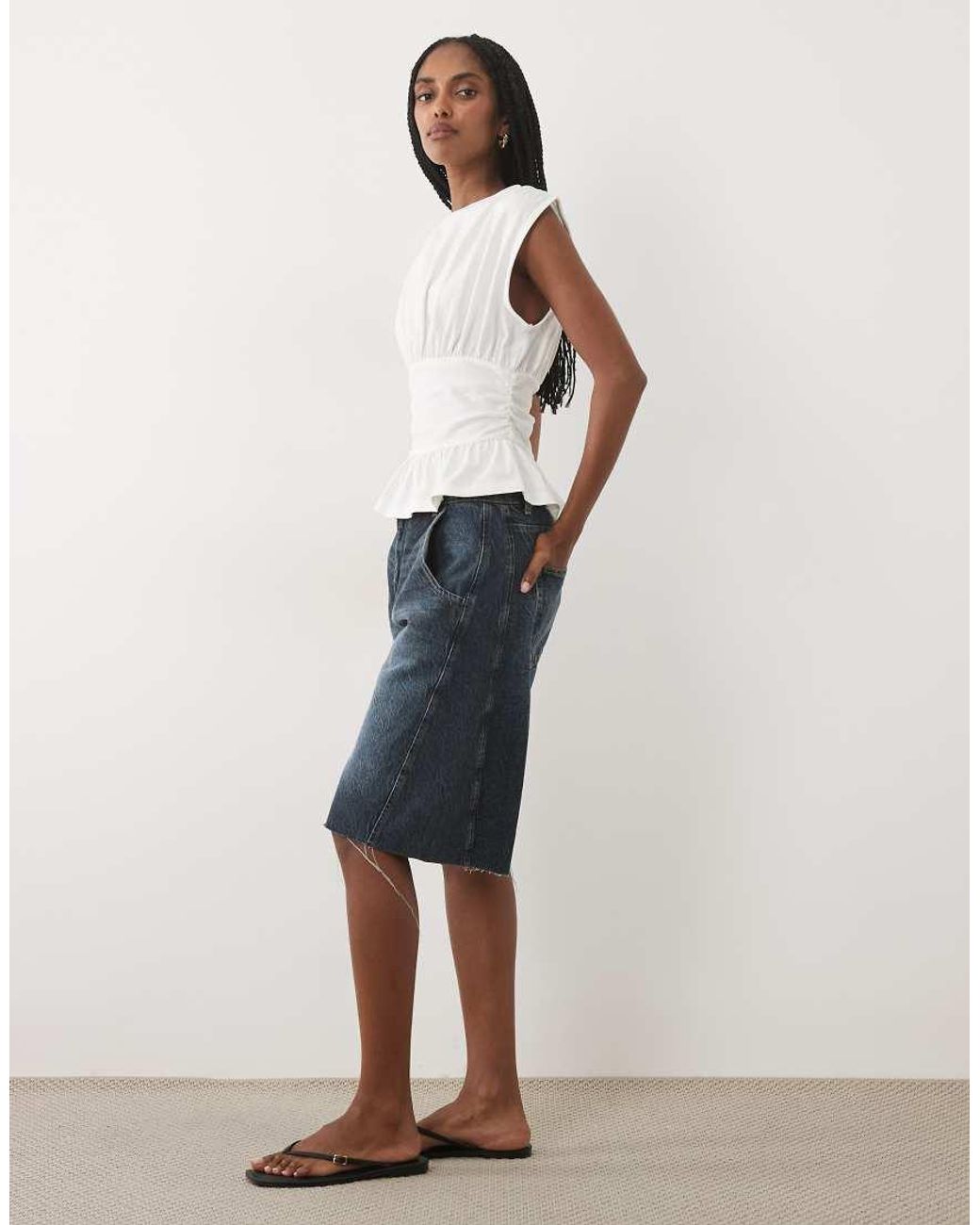 Miss Selfridge White Gathered Shoulder Peplum Hem Top With Waistband