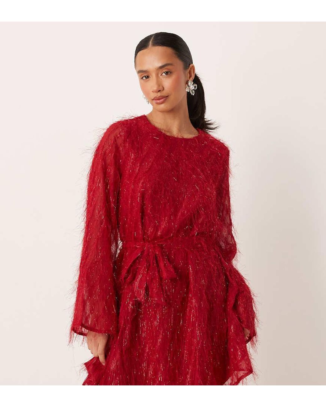 Vila Red Fluffy Textu Tie Waist Mini Dress