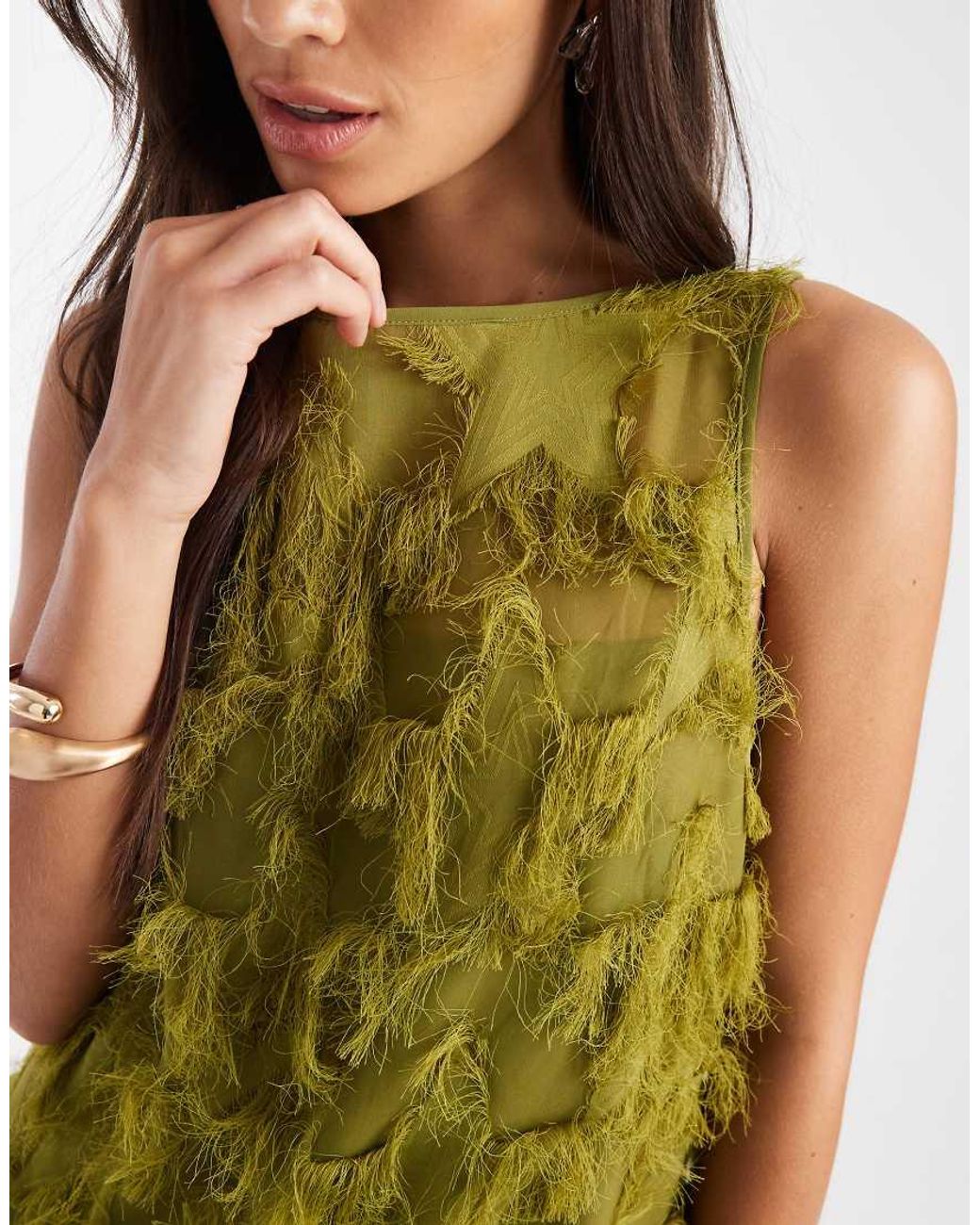 French Connection Green Fringed Chiffon Mini Dress