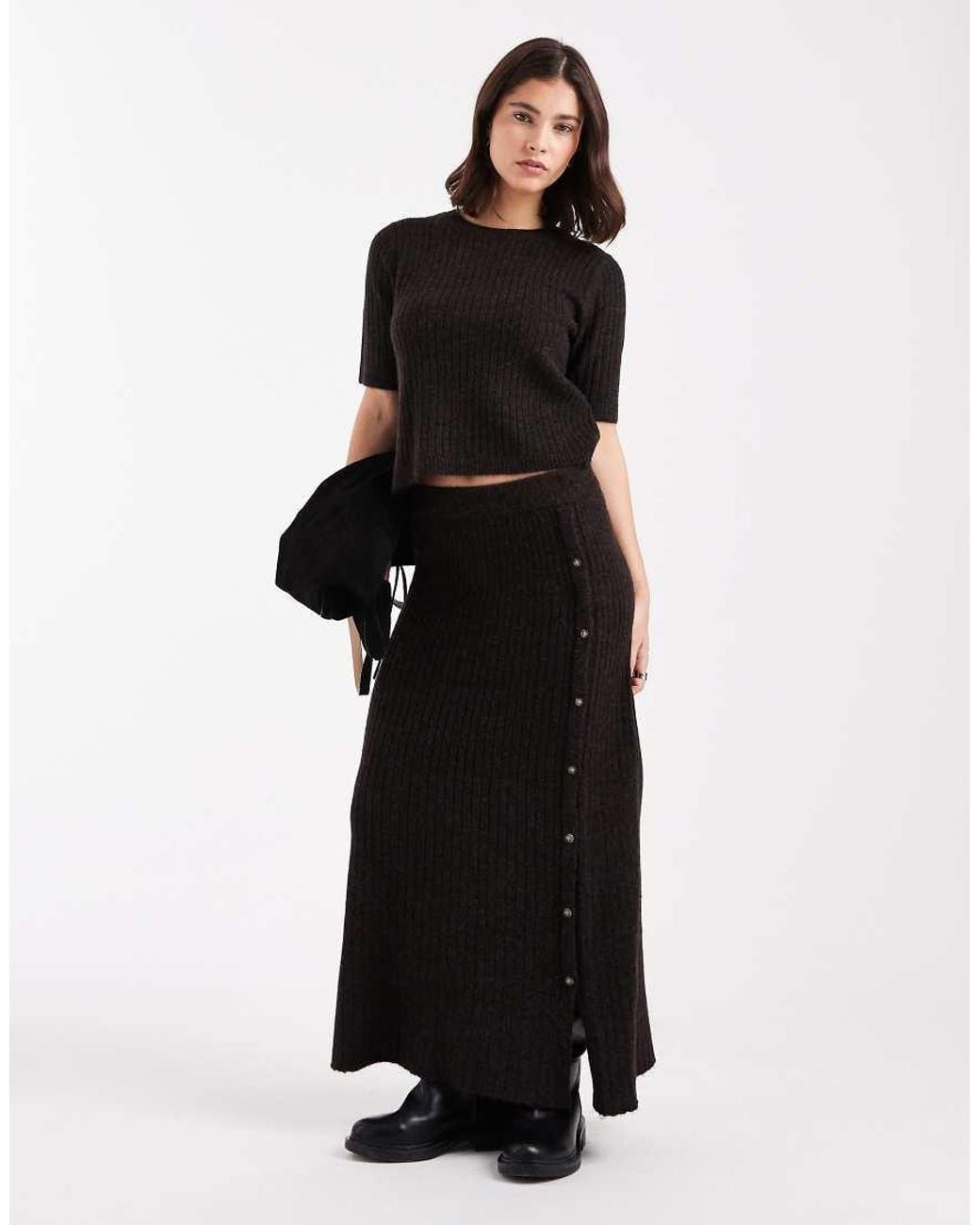 Vero Moda Black Ribbed Knit Button Side Midi Skirt