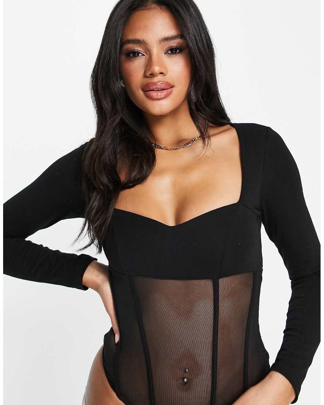 ASOS Black Corset Style Sweetheart Neck Mesh Bodysuit