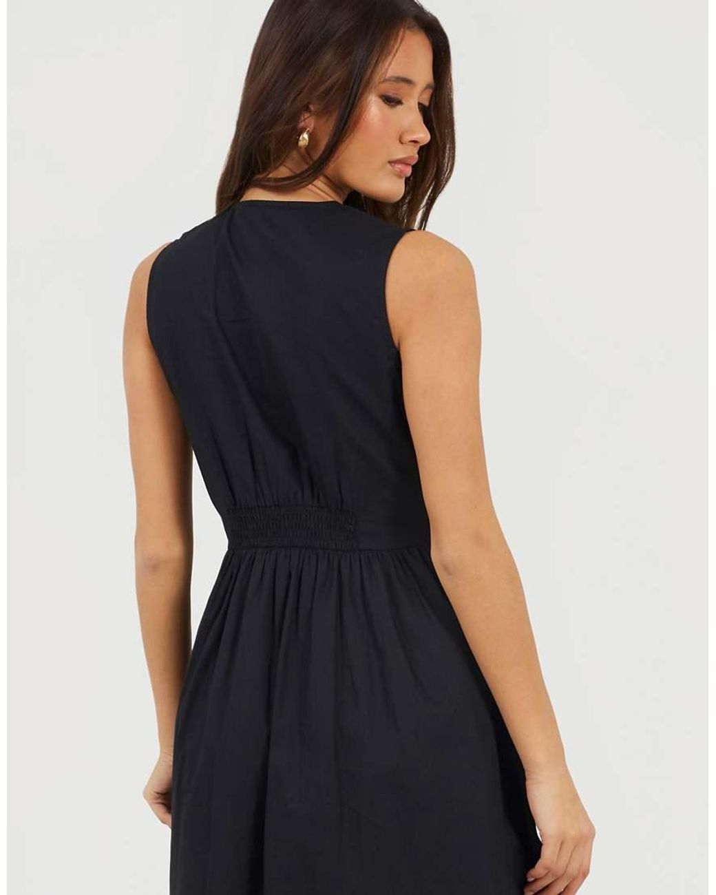 Brave Soul Black Sleeveless V-Neck Button Down Midi Dress