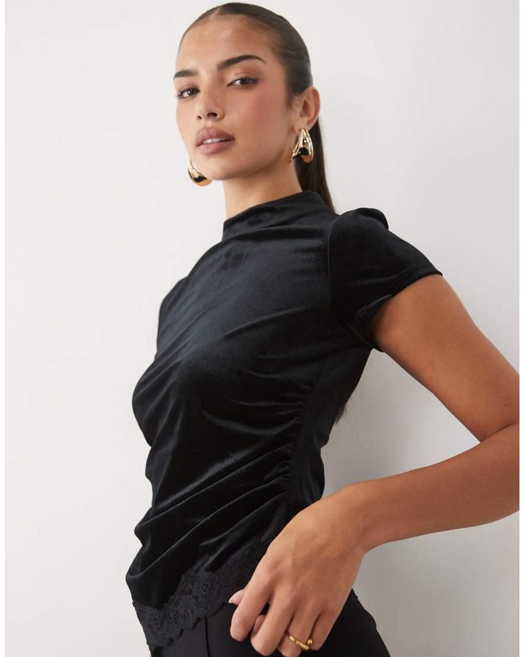 Nobody's Child Black Velvet High Neck Cap Sleeve Lace Hem Top