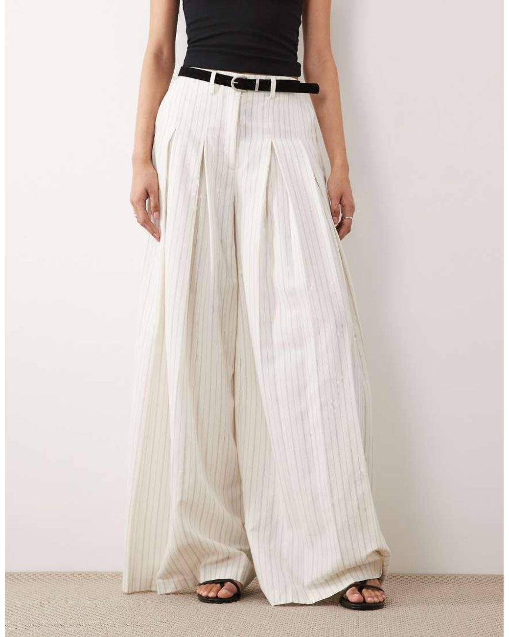 ASOS White Tall Tailored Belted Palazzo Trousers With Linen