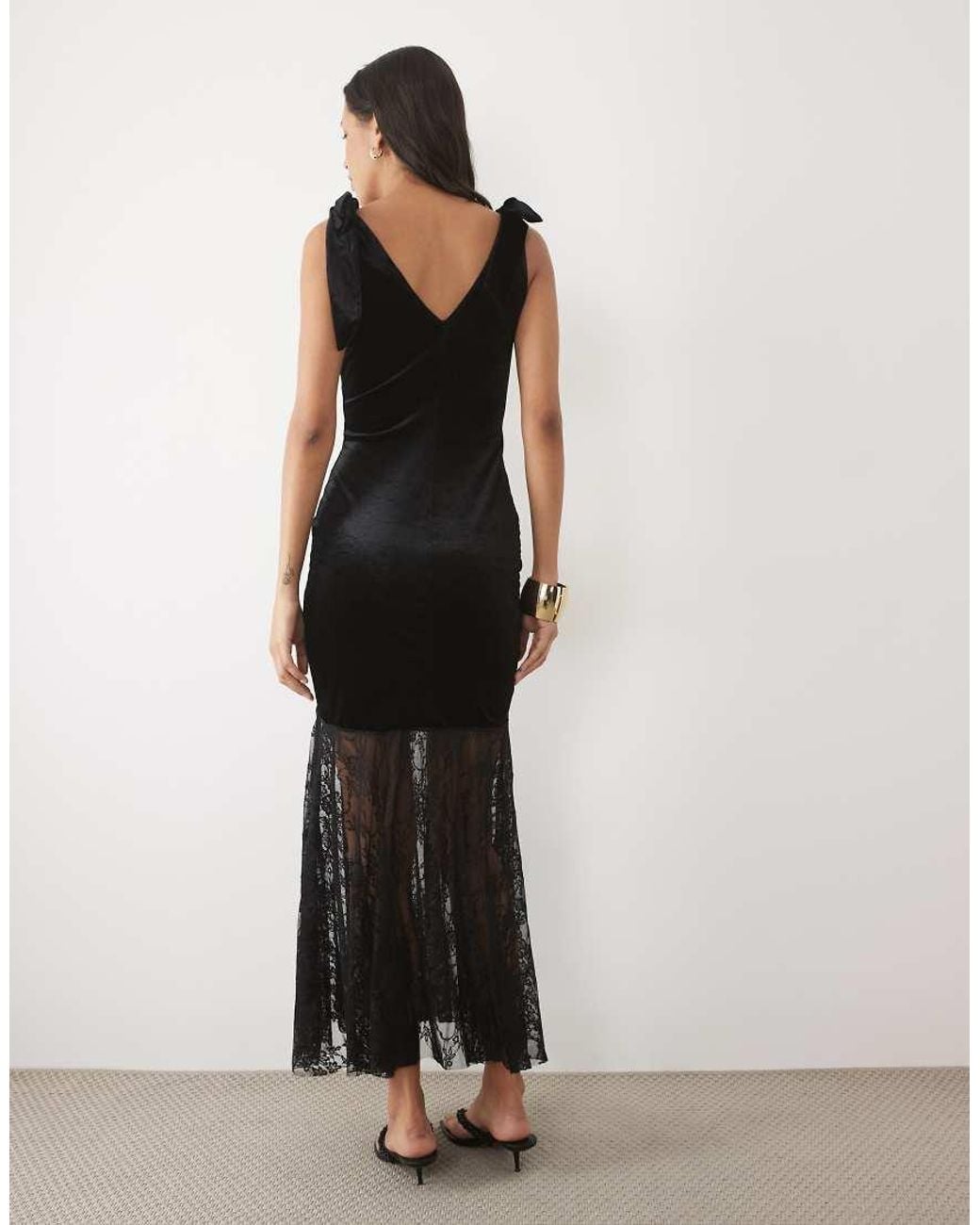 New Look Black Bow Detail Velvet & Lace Mix Midi Dress