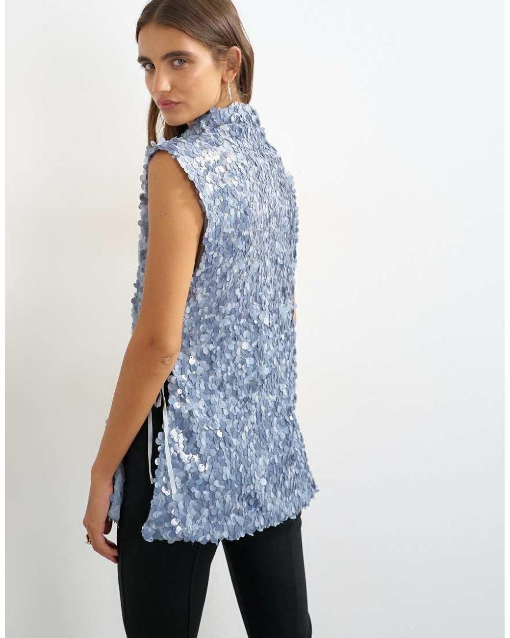 TOPSHOP Blue Mixed Sequin Tie Side Tunic Top