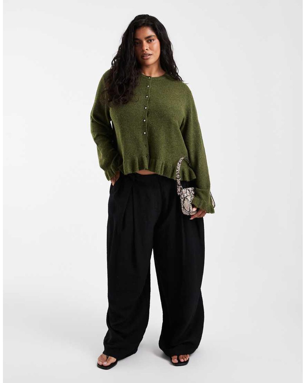 Pieces Plus Green Pieces Curve Frill Cuff Button-detail Cardigan