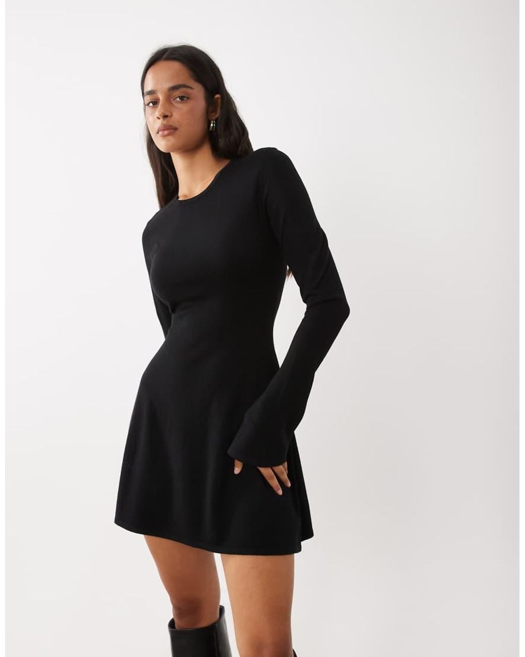 Kaiia Black Exclusive Compact Knit Flared Sleeve Mini Skater Dress