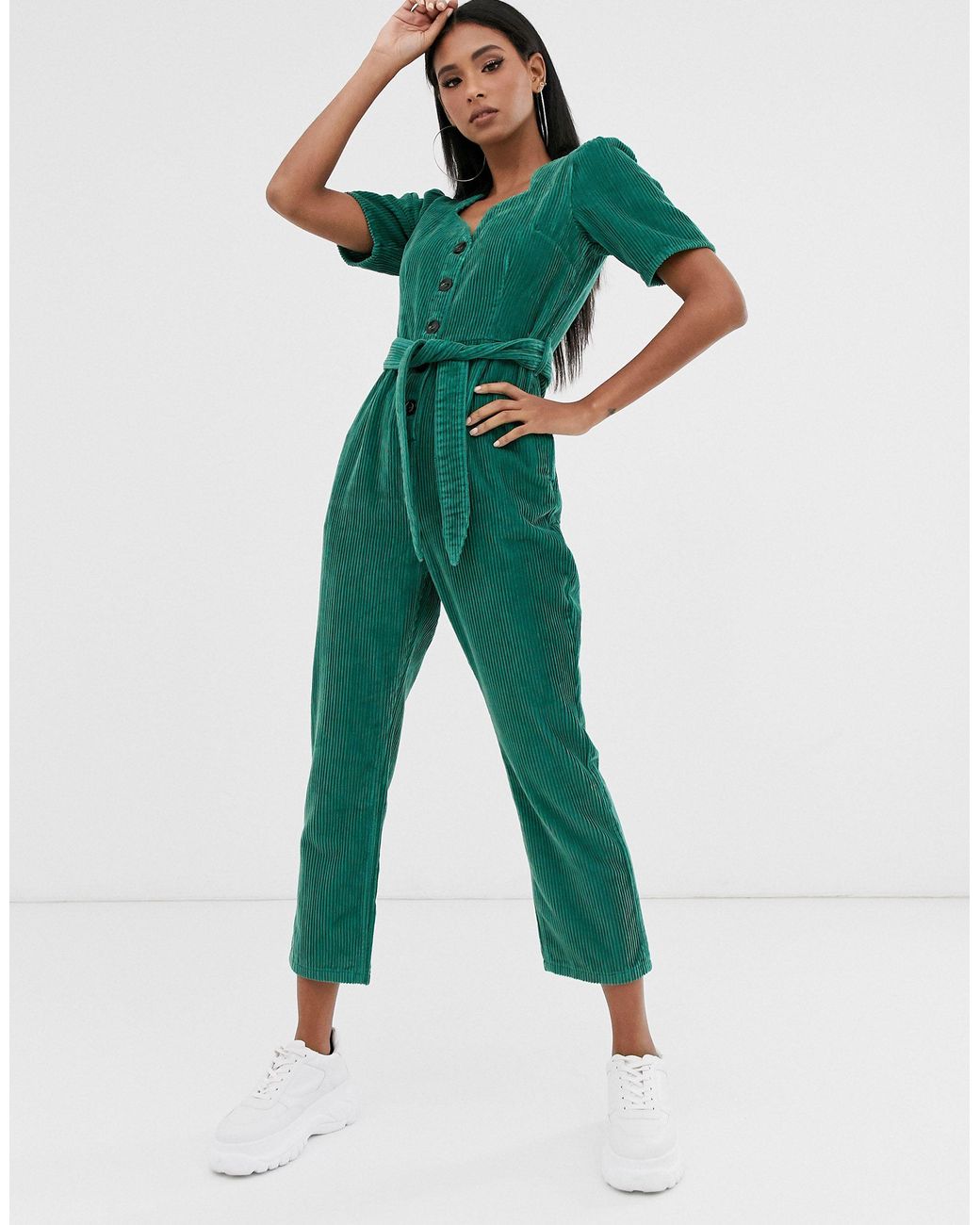 ASOS Cord Jumpsuit With Sweetheart Neckline in Green Lyst