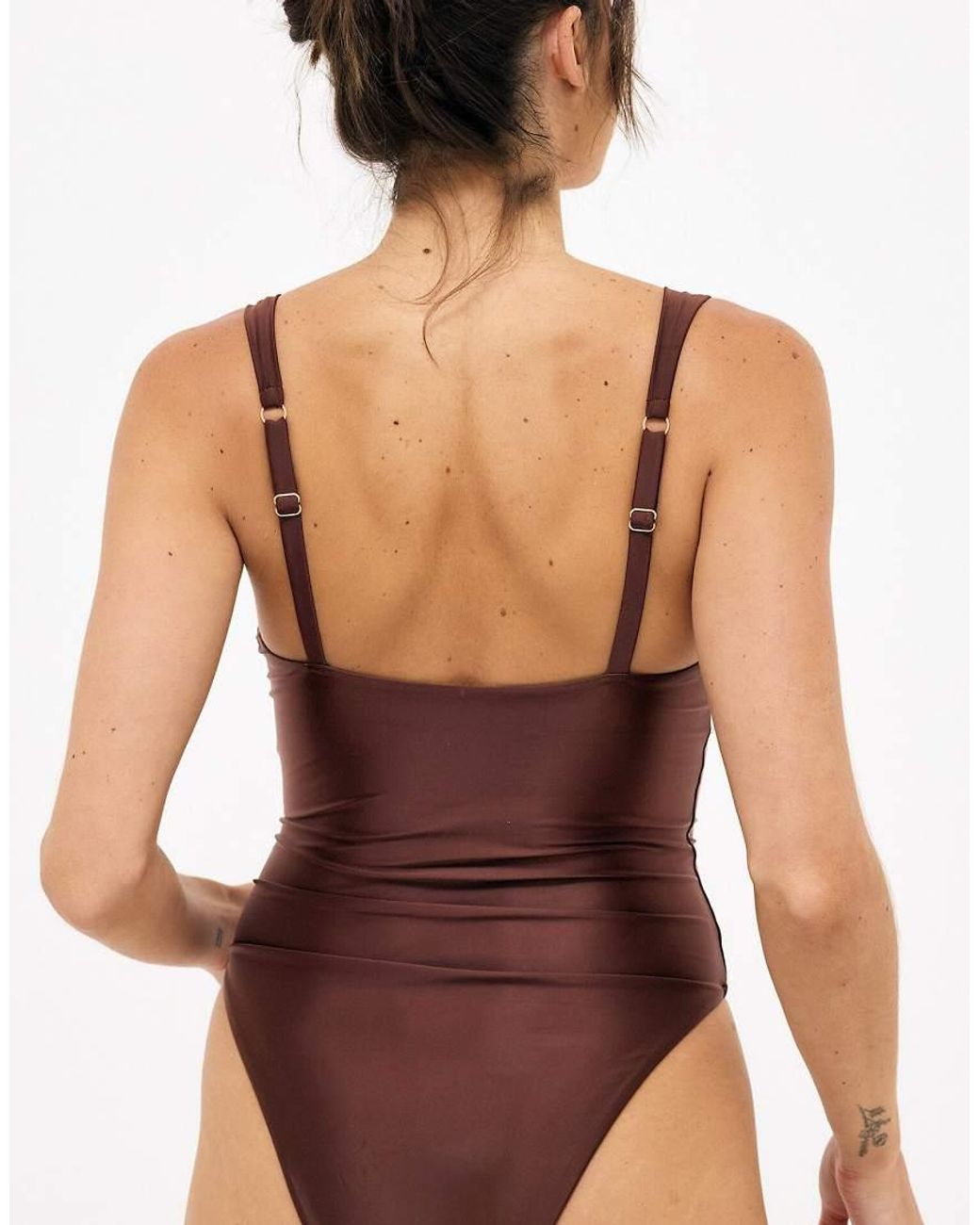 NA-KD Brown Shiny Wide Strap Swimsuit
