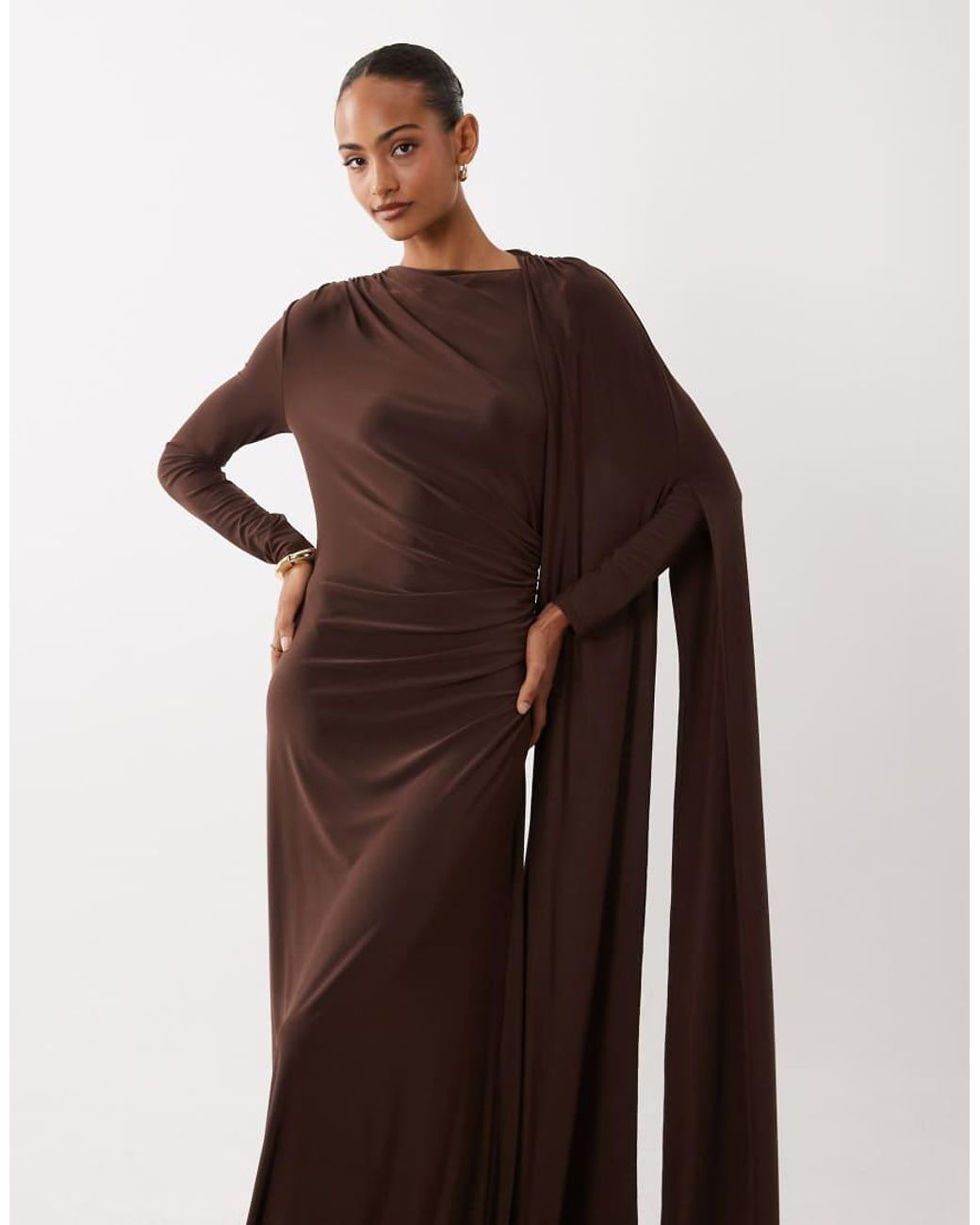 DASKA Brown Slinky One Shoulder Cape Maxi Dress