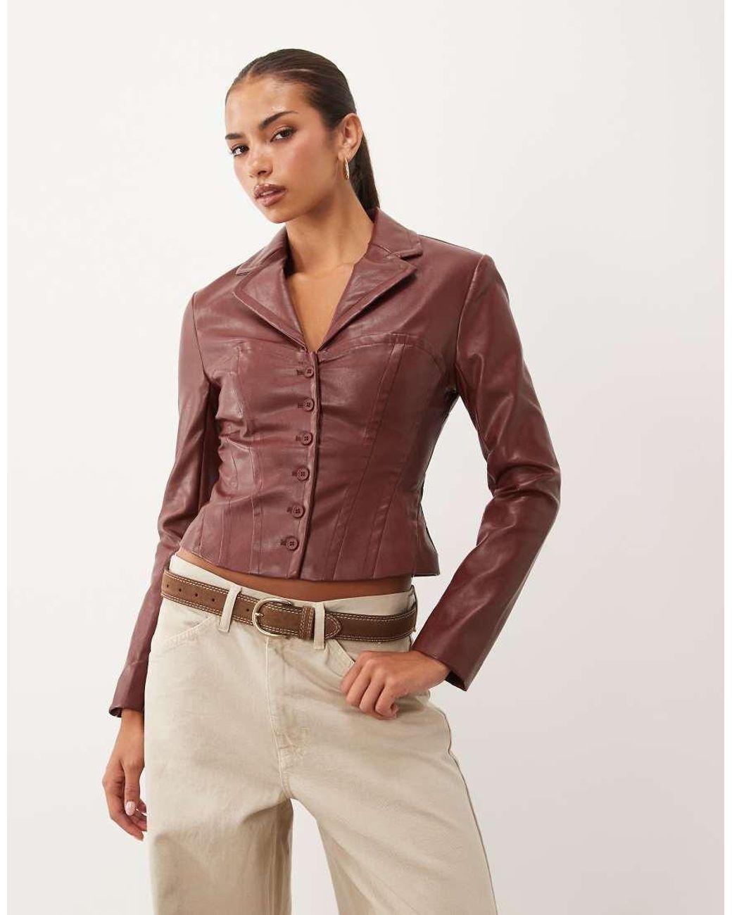 Lioness Natural Merci 90s Faux Leather Corset Seam Detail Fitted Jacket