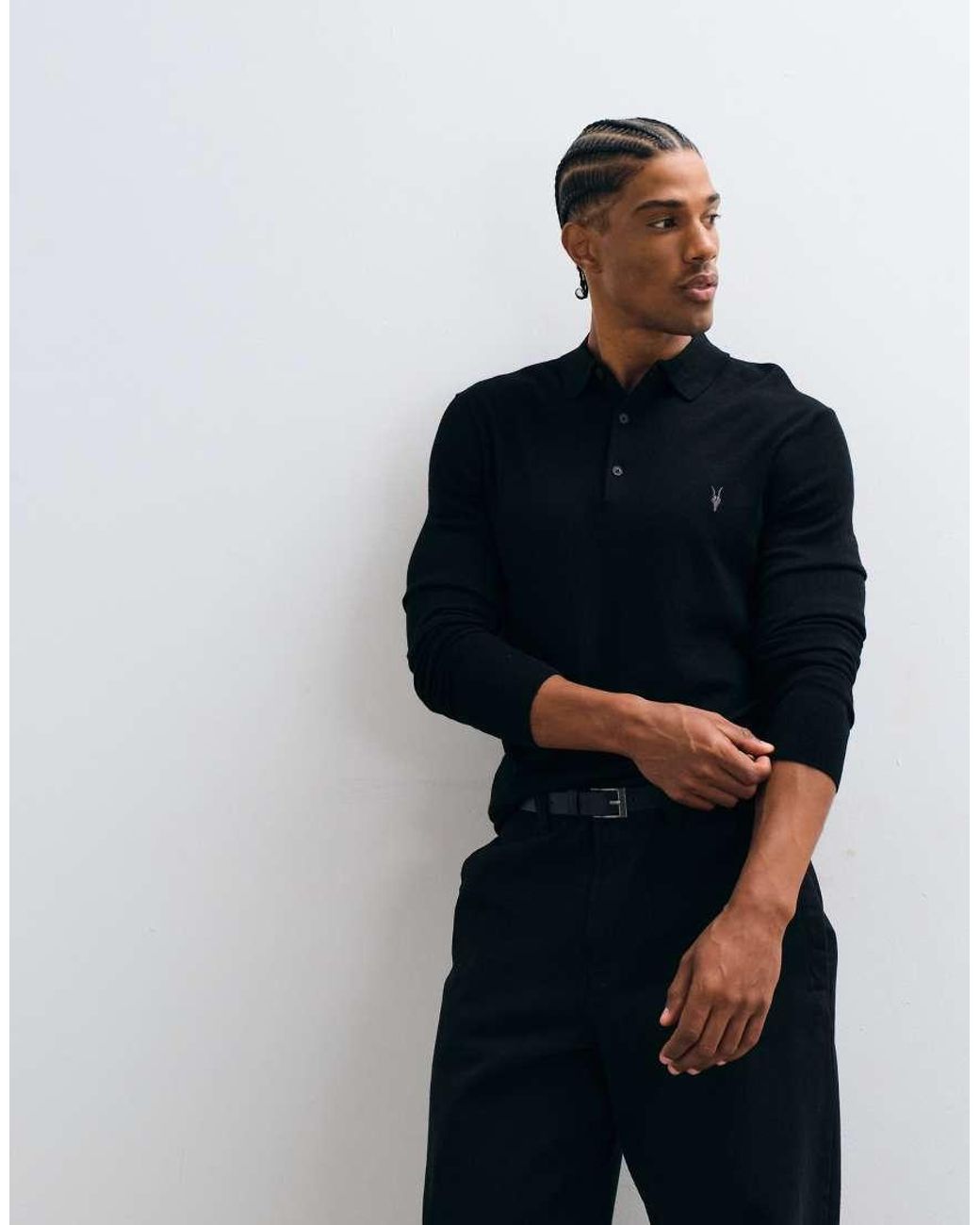 AllSaints Blue Mode Merino Long Sleeve Logo Knit Polo for men