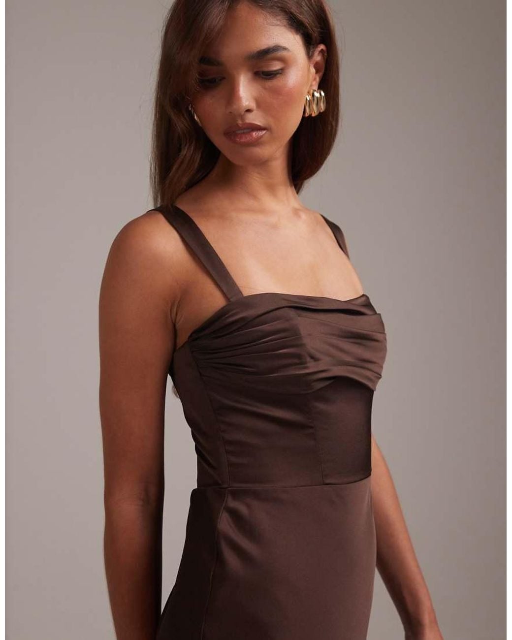 ASOS Brown Bridesmaids Satin Draped Bust Maxi Dress With Column Skirt