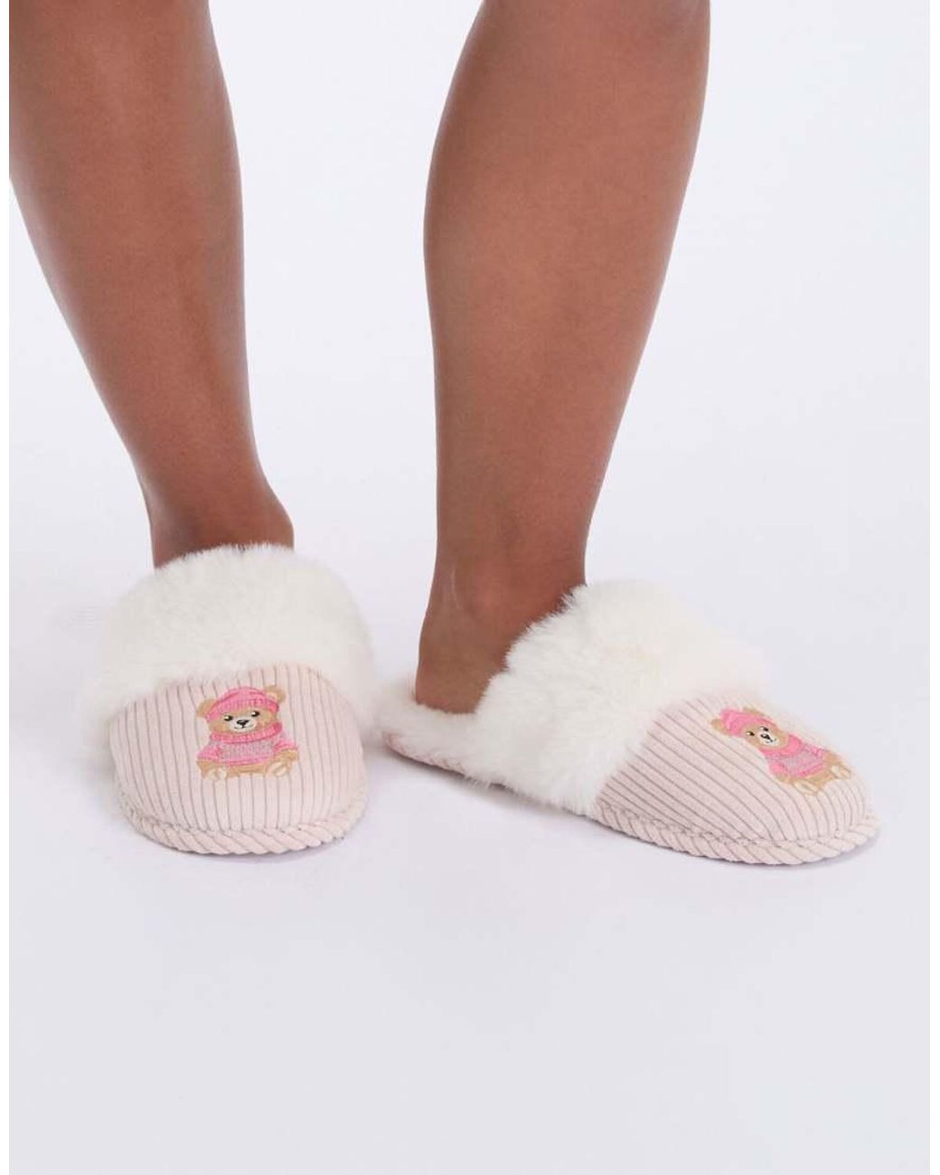 Boux Avenue Pink Cosy Soft Teddy Embroidered Fluffy Mule Slippers