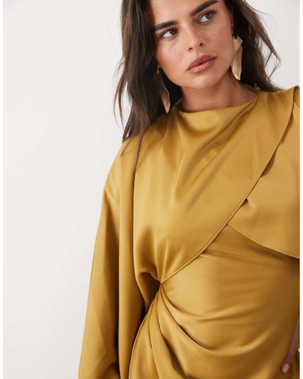 ASOS Metallic Draped Long Sleeve Cross Front High Neck Satin Maxi Dress