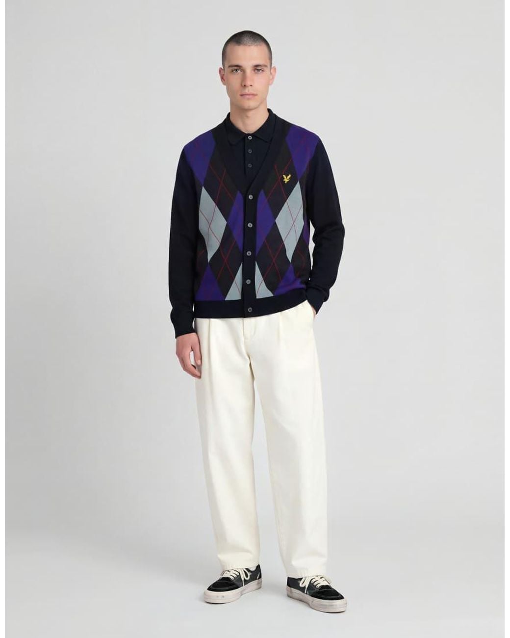 Lyle & Scott Blue Mid Knits Argyle Knitted Classic Cardigan for men