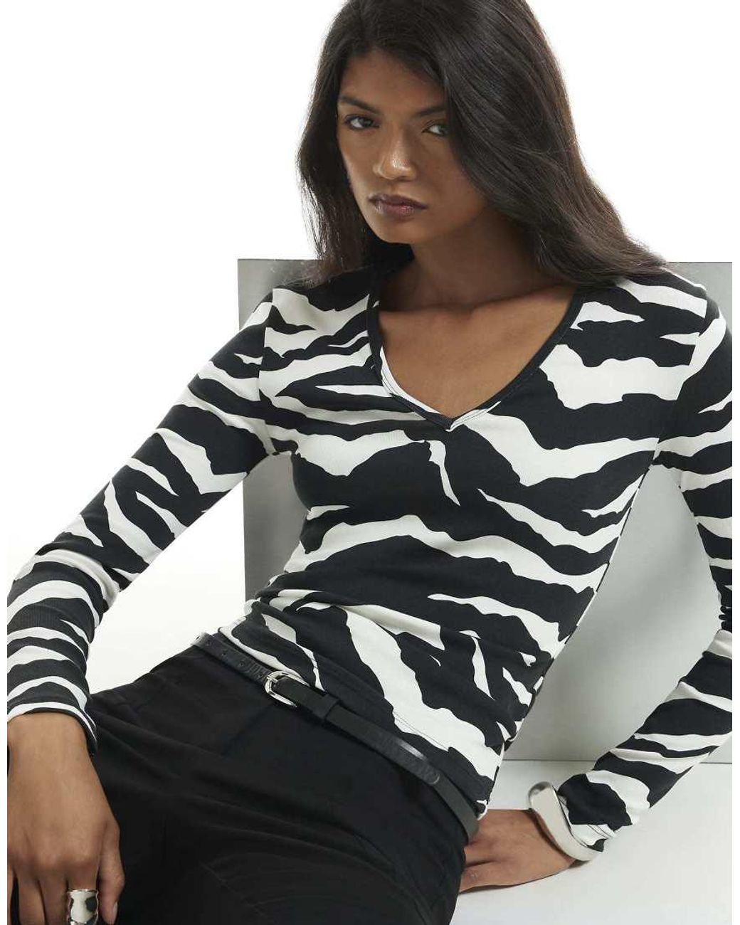 River Island Black Zebra V Neck Long Sleeve Top