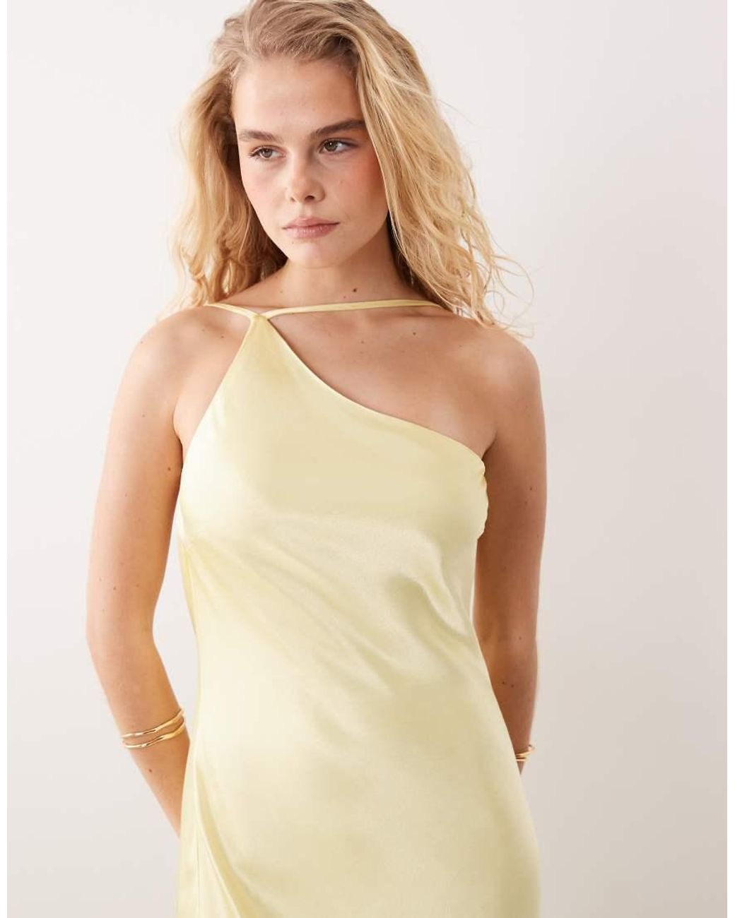 SNDY'S Natural Satin Asymmetric Shoulder Cowl Back Strappy Maxi Dress