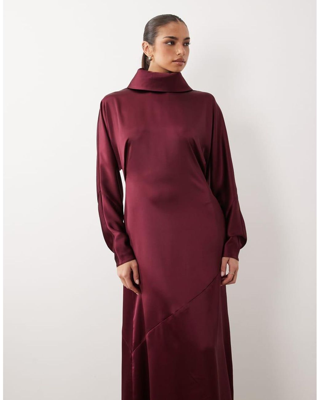 DASKA Red Satin Draped Cowl Neck Batwing Maxi Dress