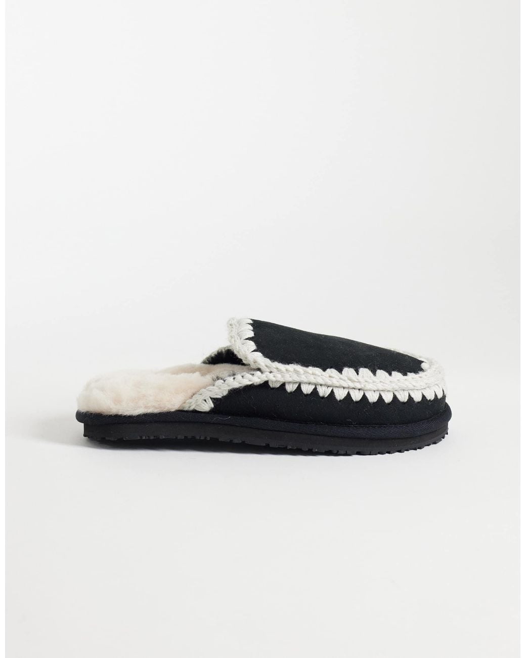 Mou Black Shearling Lined Overstitch Suede Slippers