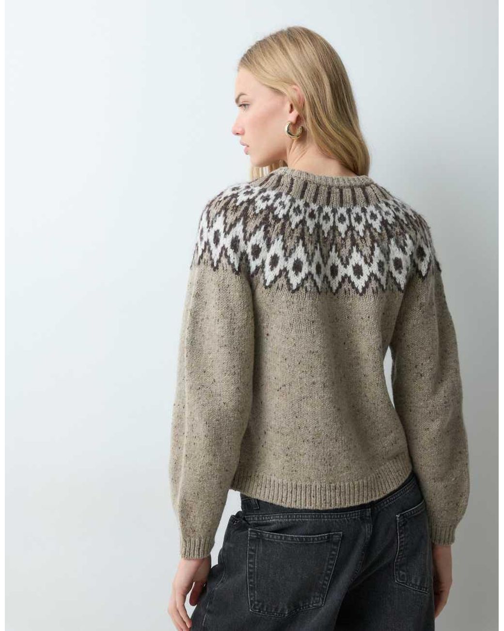 Aware Brown Wool Blend Round Neck Fairisle Knitted Cardigan