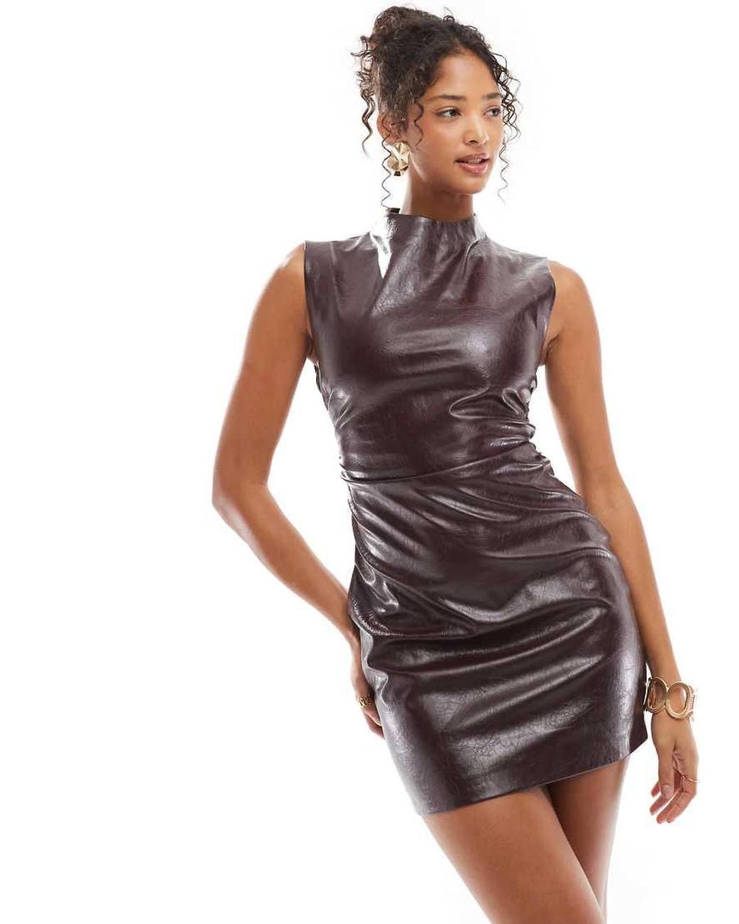 Bershka High Neck Faux Leather Mini Dress in White | Lyst UK