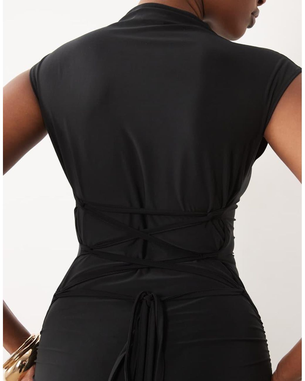 ASOS Black Cap Sleeve Maxi Dress With Lace Up Detail And Ruching