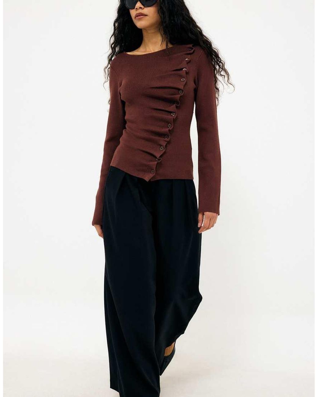 NA-KD Brown Asymmetric Buttoned Knitted Top
