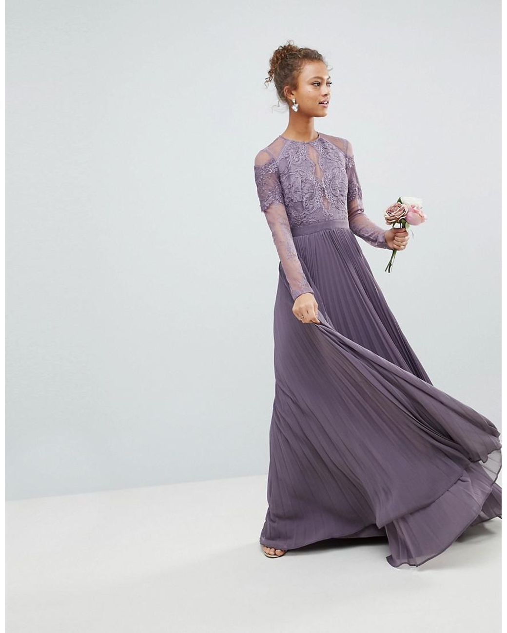 ASOS Asos Long Sleeve Lace Pleated Maxi Dress in Purple | Lyst UK