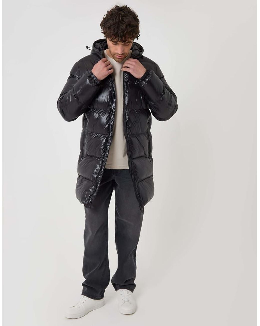 Threadbare Blue Longline Showerproof Hooded Puffer Coat for men