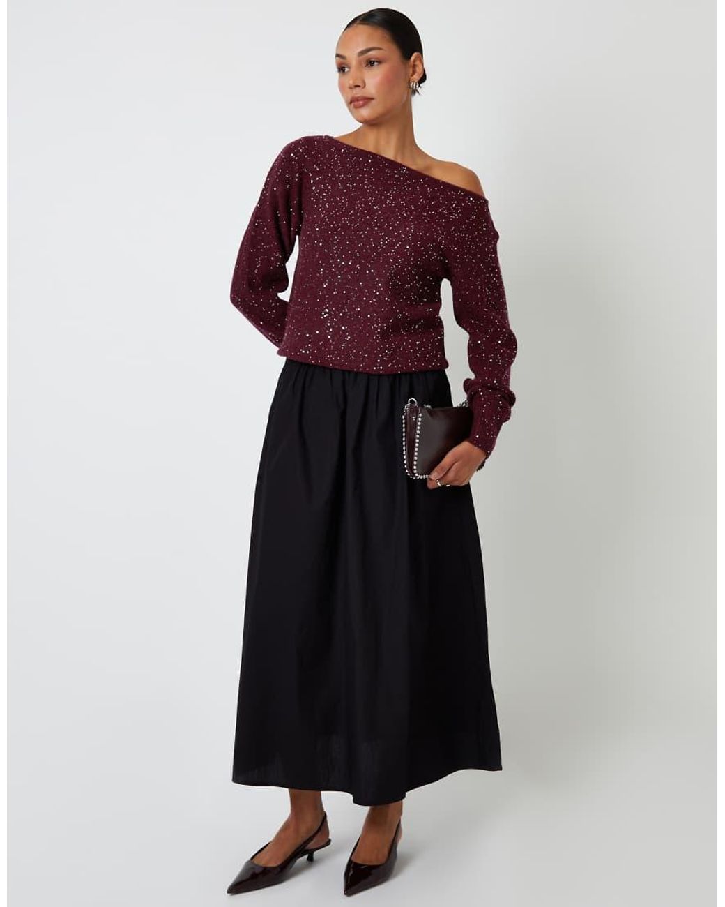 Threadbare Red Knitted Sequin Slash Neck Jumper