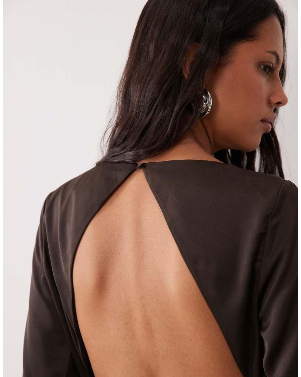 SNDY'S Brown Satin Wide Sleeve Open Back Detail Mini Dress