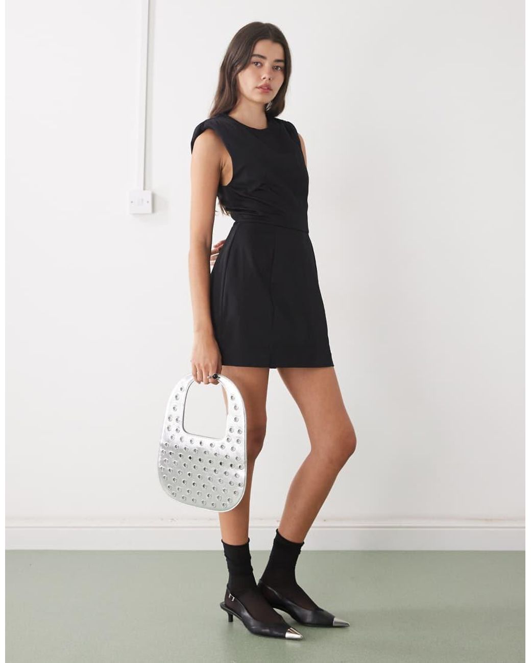 Monki White Shoulder Pad Cinched Waist Volume Skirt Mini Dress