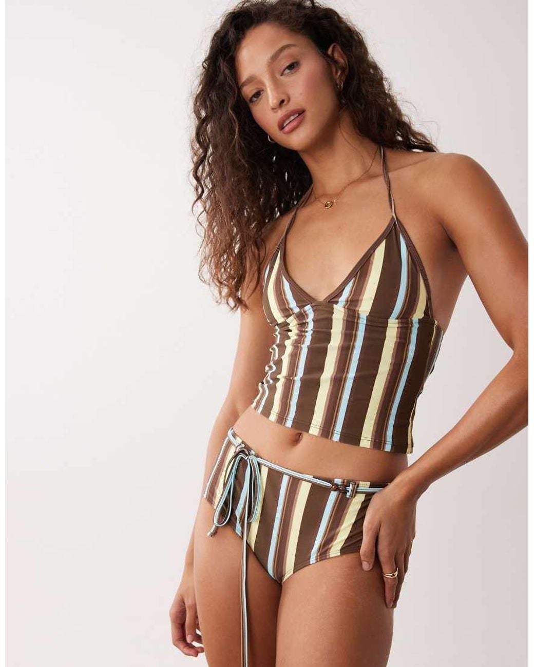 Motel Brown Avi Tie Waist Striped Bikini Shorts