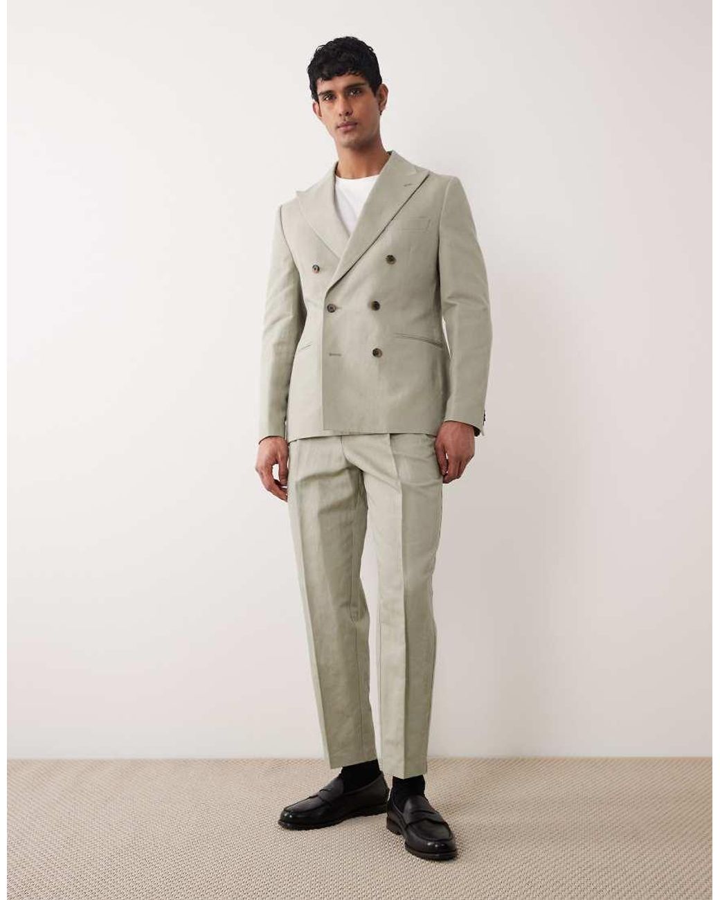ASOS Natural Slim Linen Rich Double Breasted Suit Jacket for men