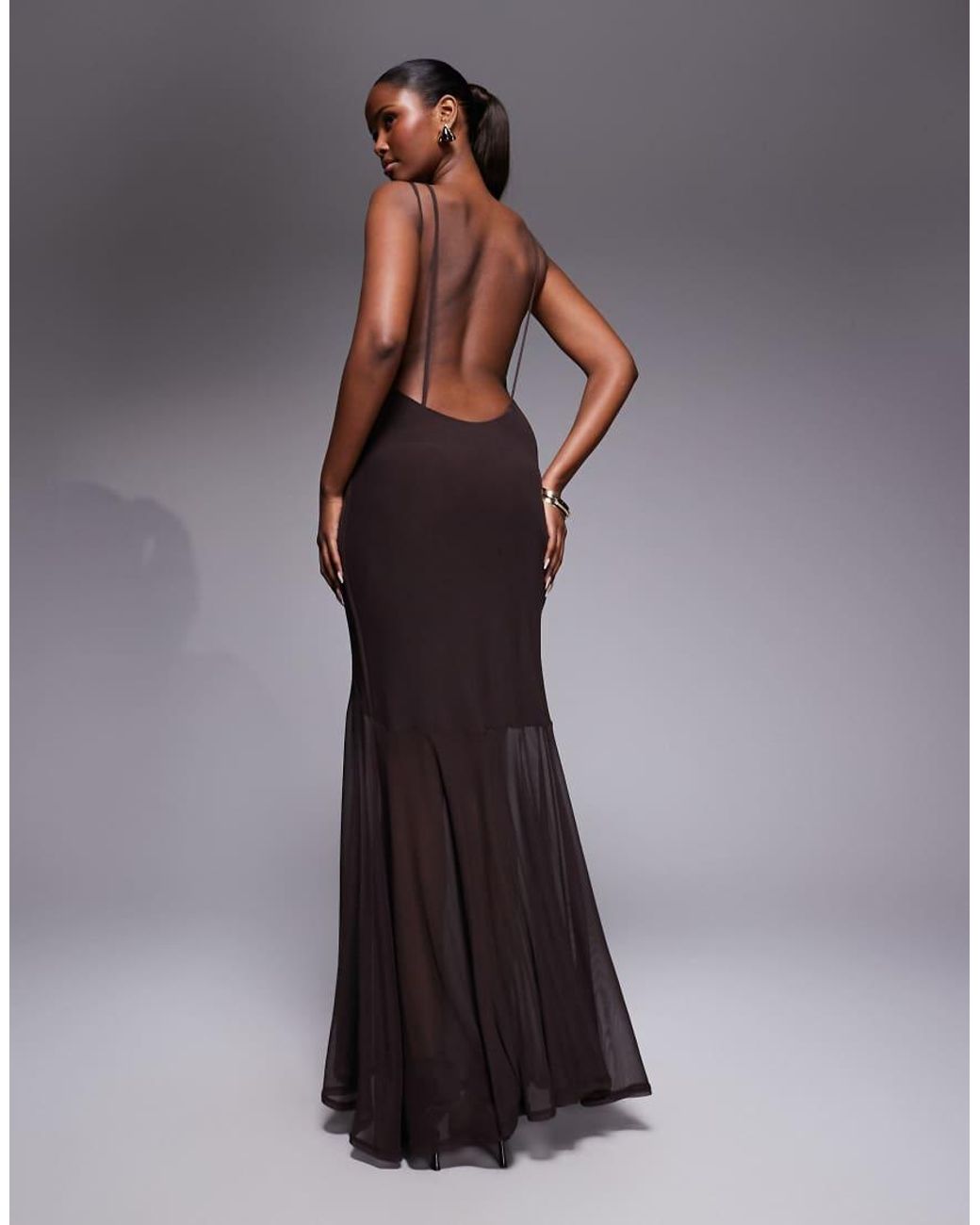 ASOS Brown Mesh High Neck Maxi Dress With Open Back And Double Strap Detail