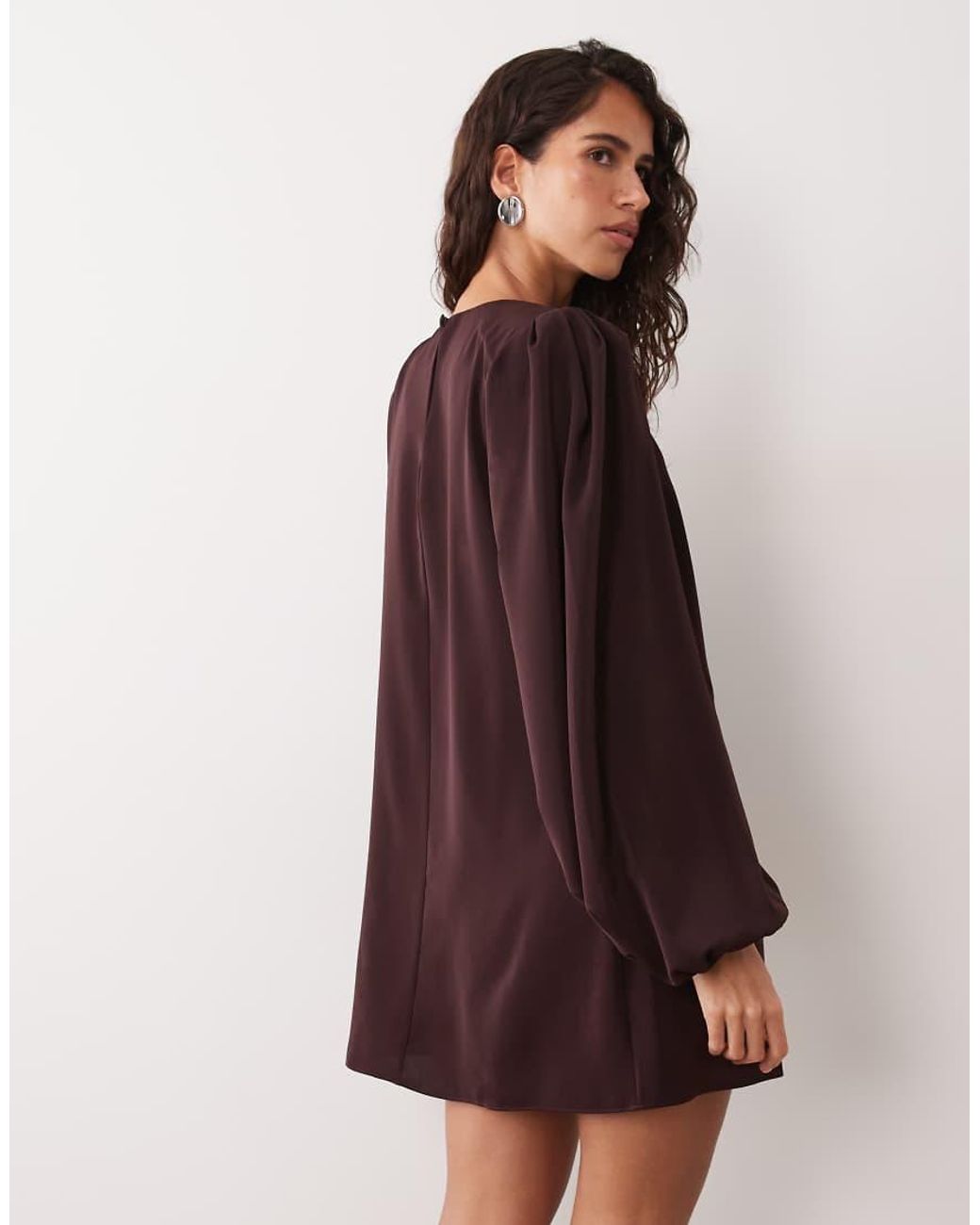 ASOS Brown Crew Neck Mini Dress With Volume Sleeve