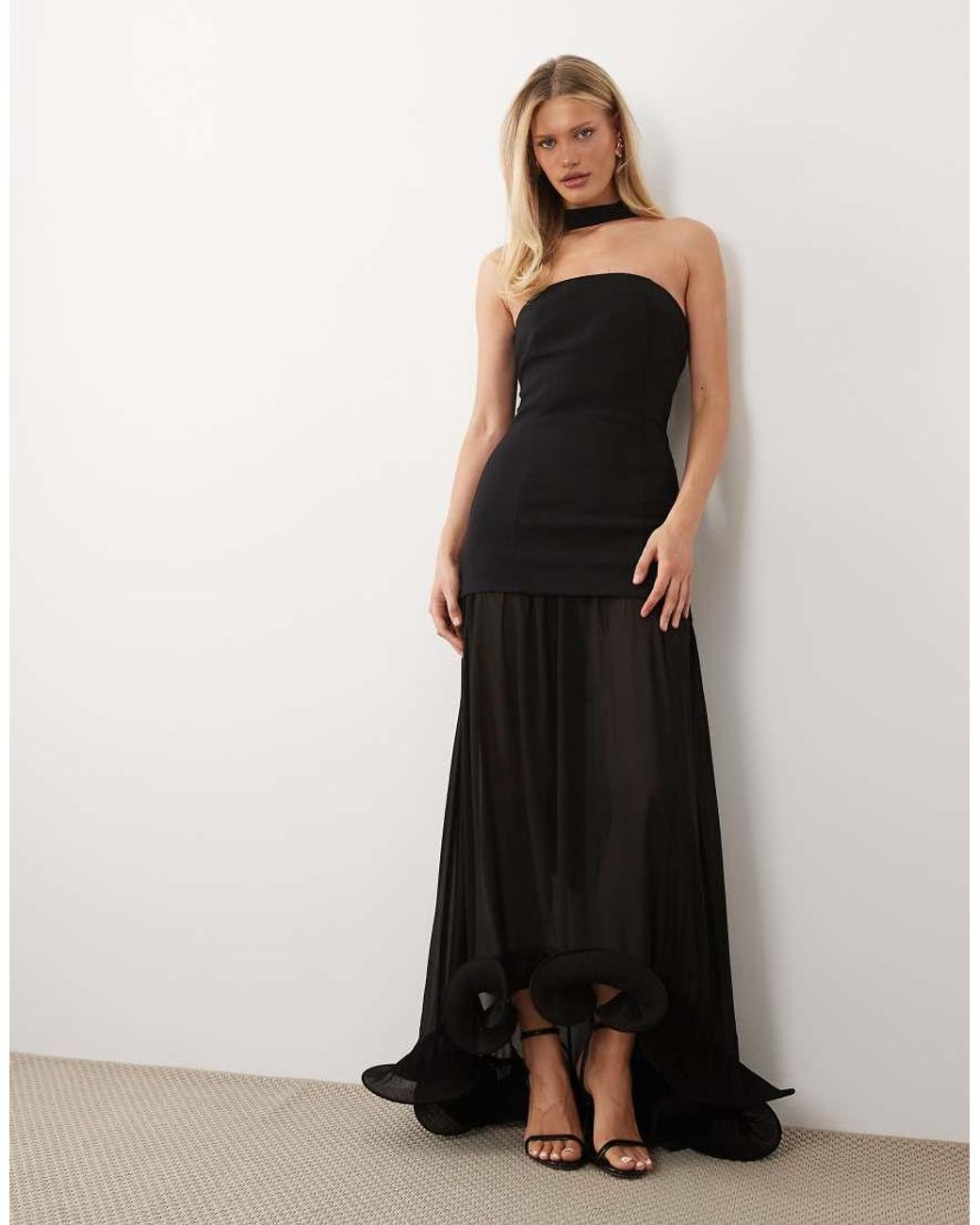 Gina Tricot Black Bandeau Frill Maxi Dress With Scarf
