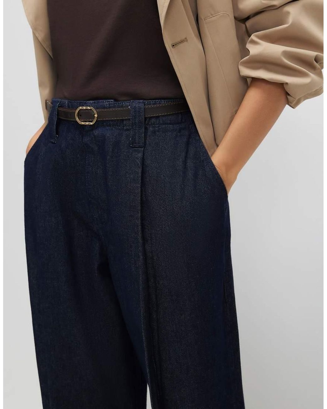 River Island Blue Belted Split Hem Wide Leg Jeans