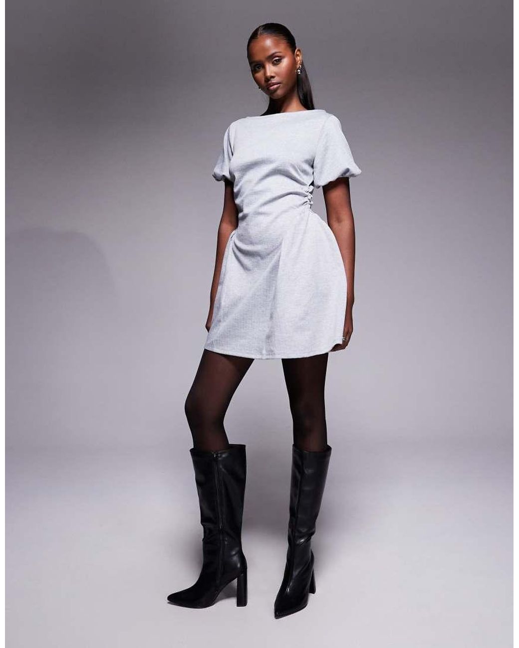 ASOS Gray Puff Sleeve Godet Hip Mini Dress