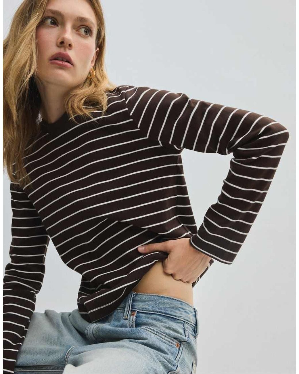Stradivarius Gray Long Sleeve Striped T-shirt