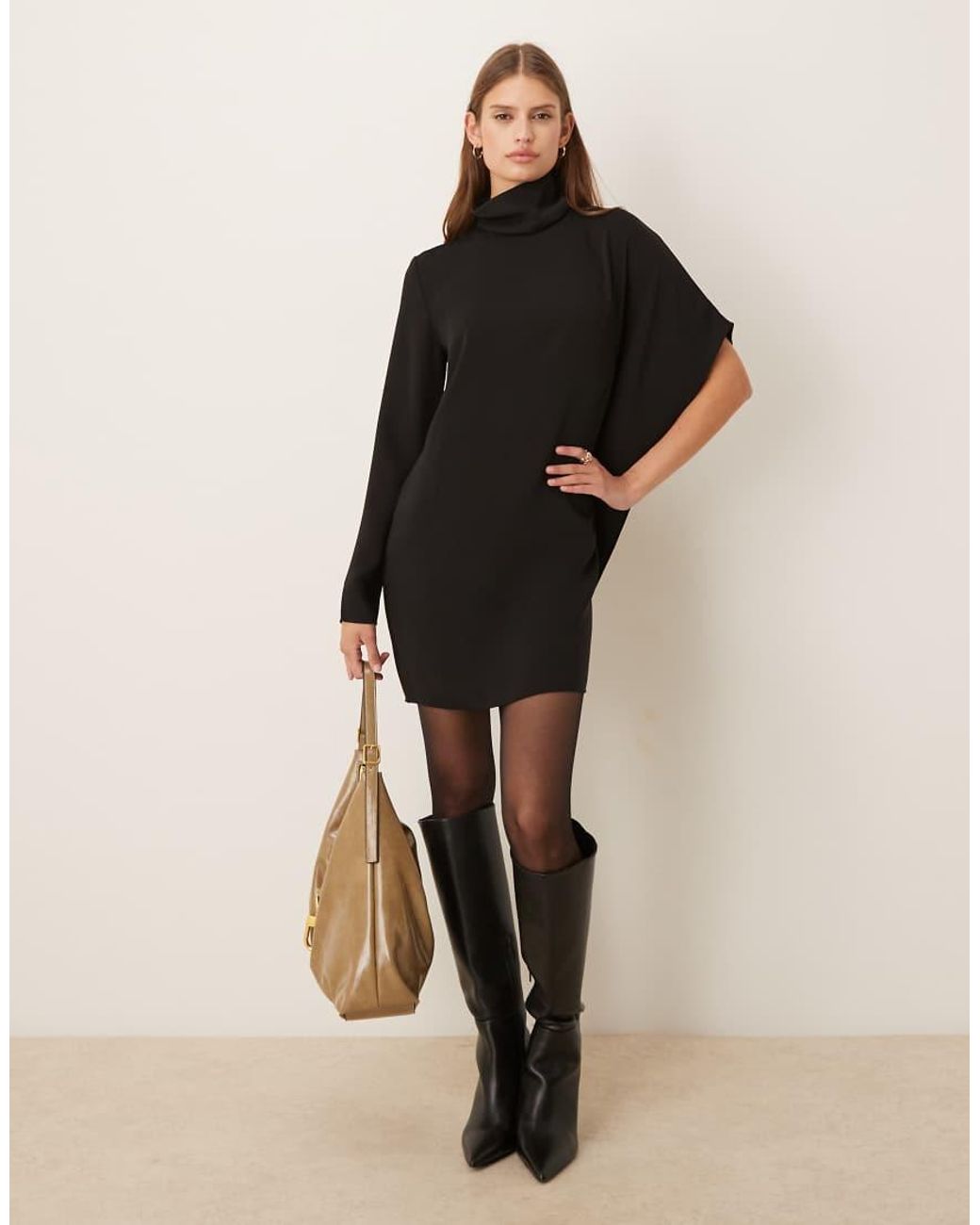 Mango Natural High Neck Asymmetric Sleeve Mini Dress