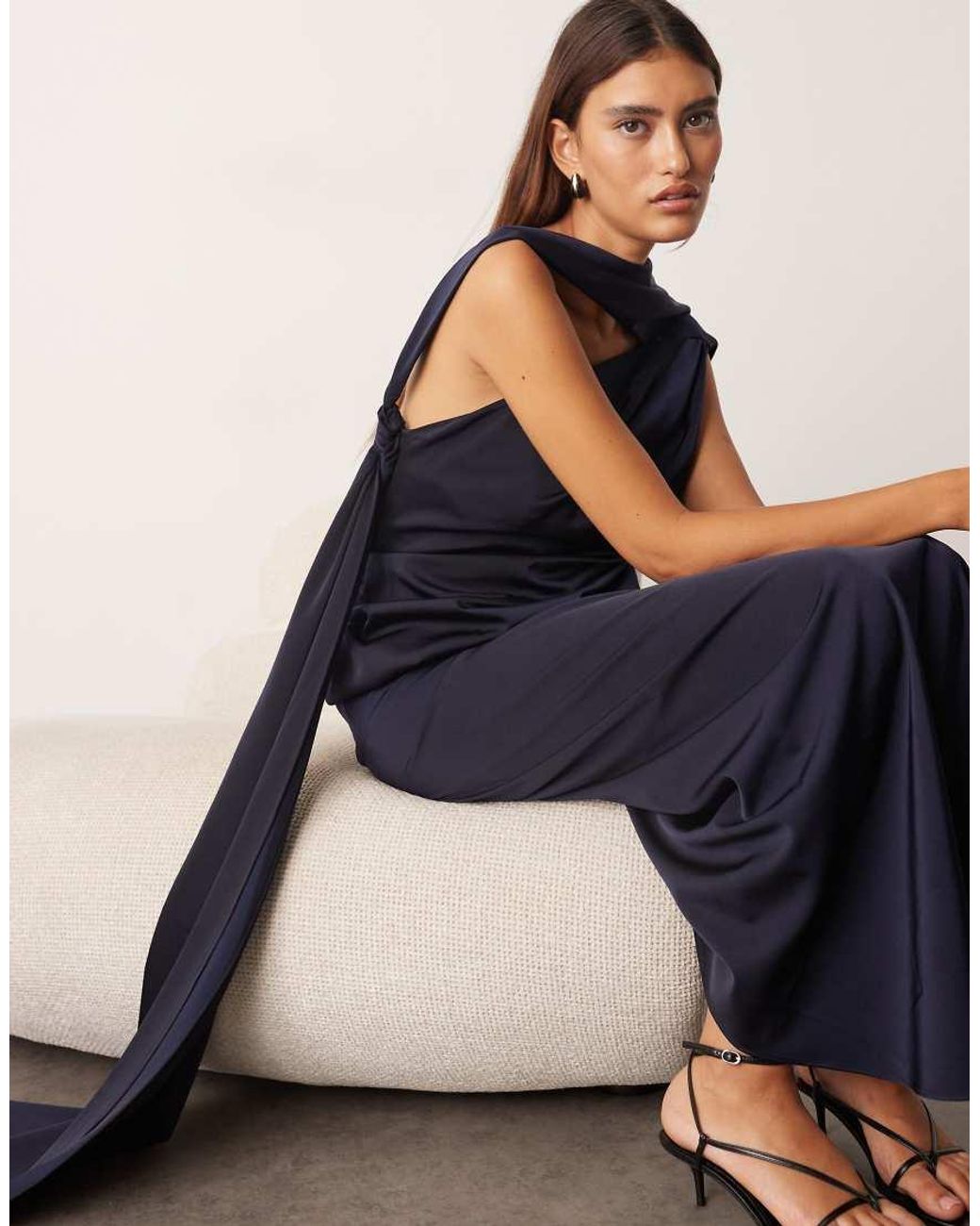 ARRANGE Blue Scarf Neck Draped Maxi Dress With Low Back And Train