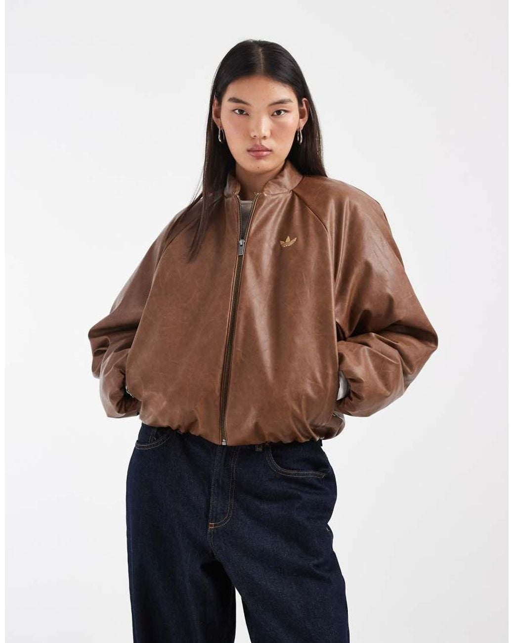 Adidas Originals Brown Faux Leather Bomber Jacket