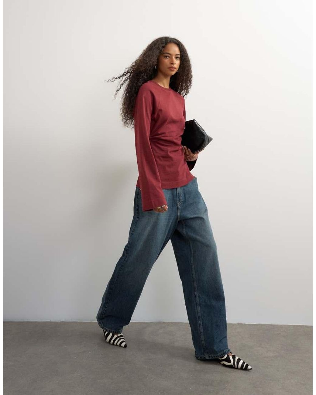 TOPSHOP Red Cinched Waist Long Sleeve Raglan T-Shirt