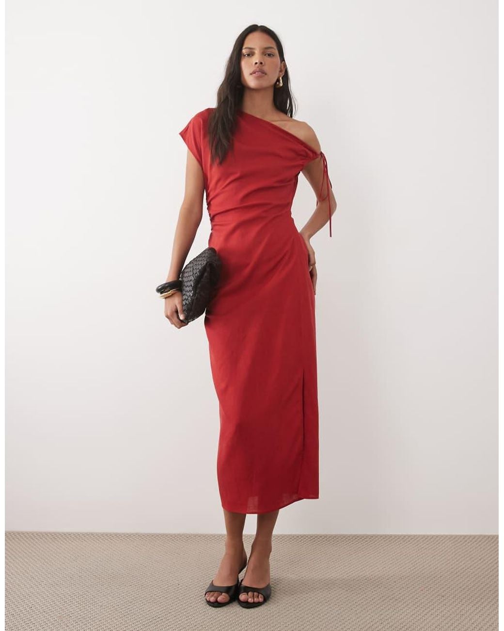 Mango Red Linen Mix Asymmetric Maxi Dress